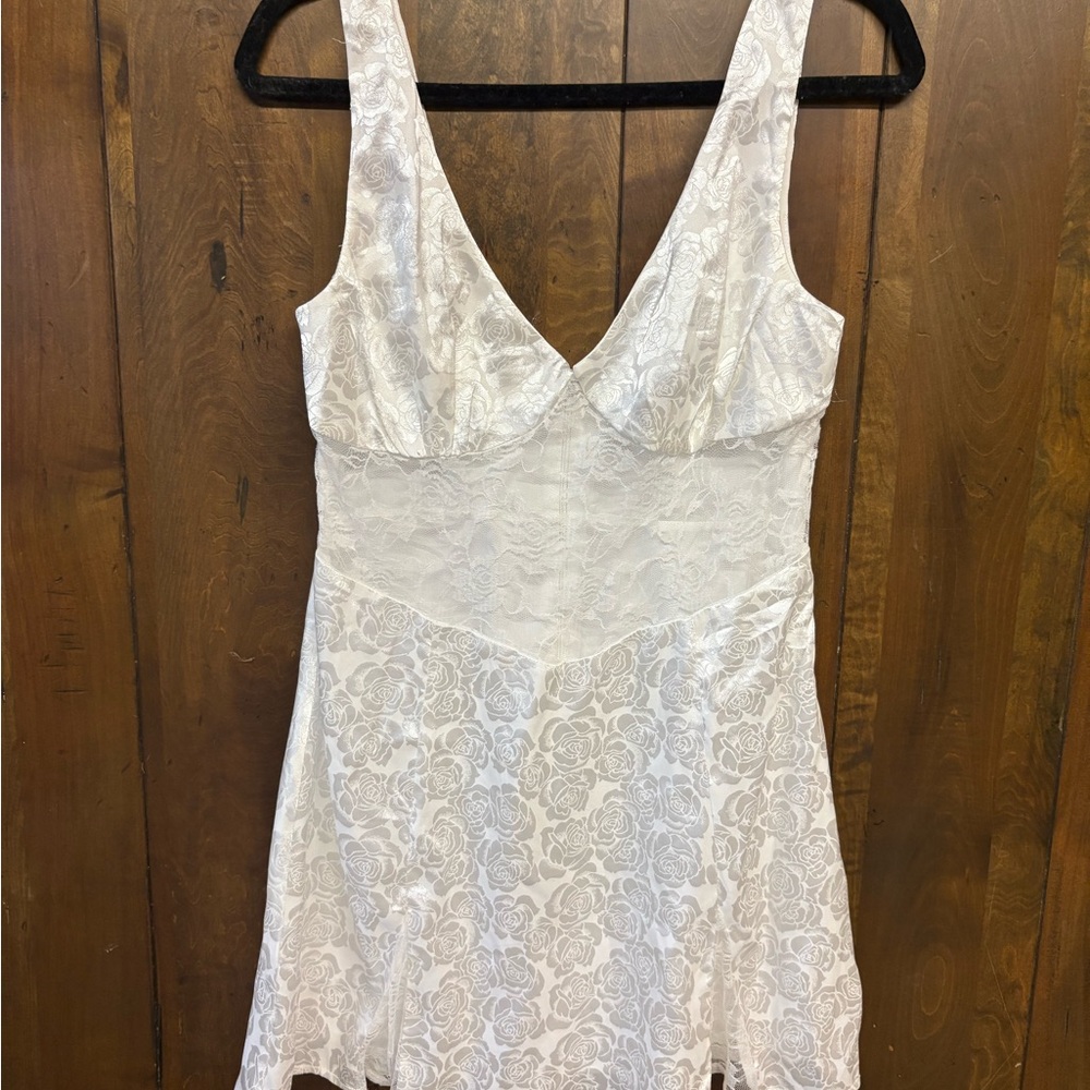 White Lace Chemise with V-Neck and Floral Detailing